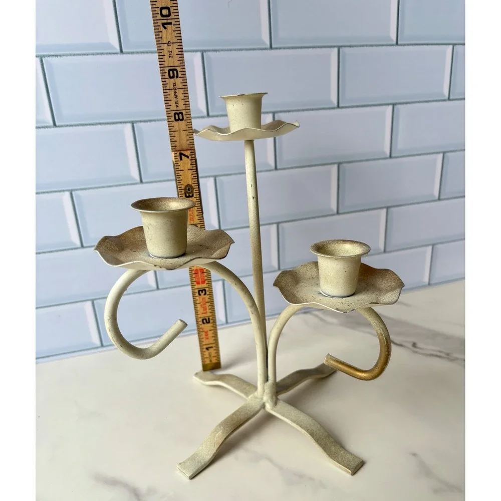 Vintage Metal 3‎ Arm Candelabra Distressed Cream Gold Scalloped Centerpiece